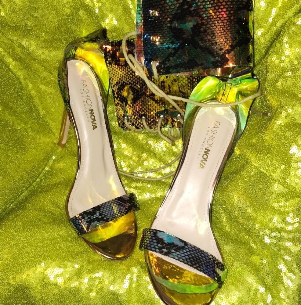 *~Fashion Nova~*  Yellow and Green Python Stiletto Heels with Transparent Straps